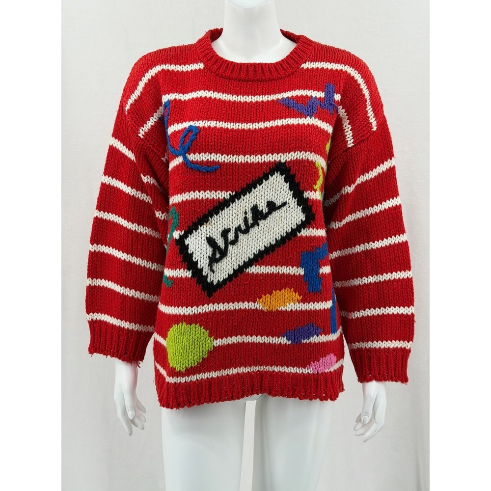 Vintage One Step Up Sweater Womens Medium Red Stripe Chunky Hand Knit Retro